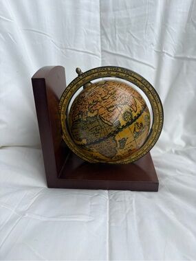 Classic Brown Globe Bookend with Antique Map Accent. From Italy.